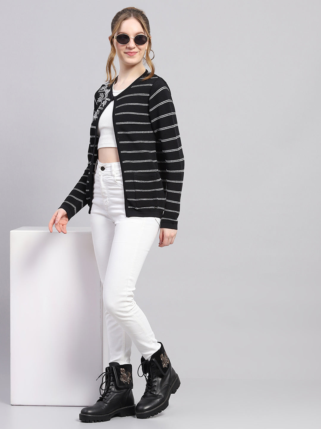 Women Black Stripe Round Neck Full Sleeve Cardigan