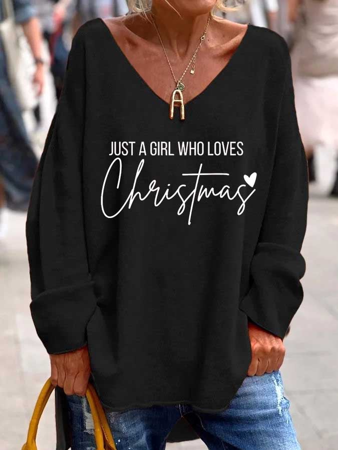 Women's Just A Girl Who Loves Christmas Print V-Neck T-Shirt