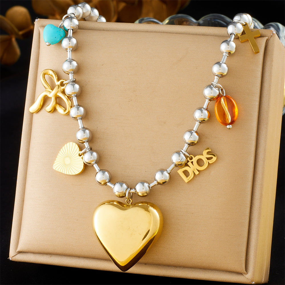 Fashion Sweet Cool Ins Style Cross Love Bowknot Oil Drop Eye Pendant Stainless Steel Design Necklace Female