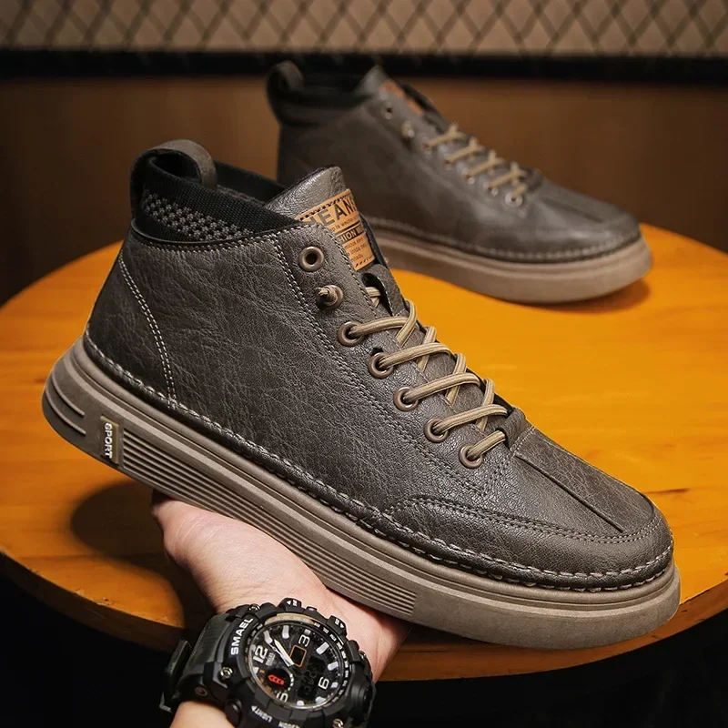 flats Trend Men's Casual Leather Shoes   for Men High-top Black Casual Male Sneakers Platform Ankle Boots Tênis Masculino 2025