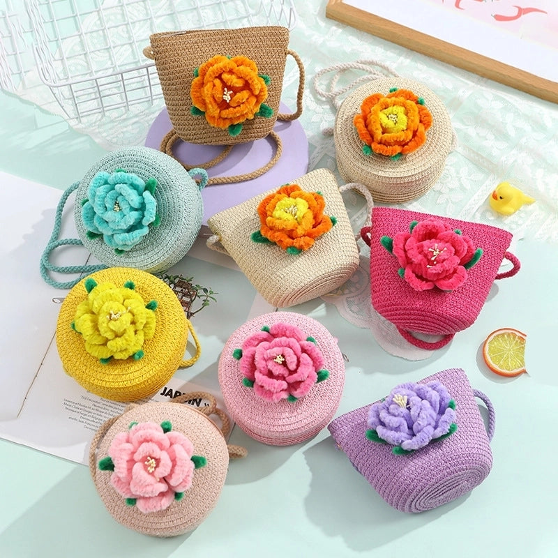 Women's Small Straw Solid Color Flower Vacation Beach Weave Round Zipper Straw Bag