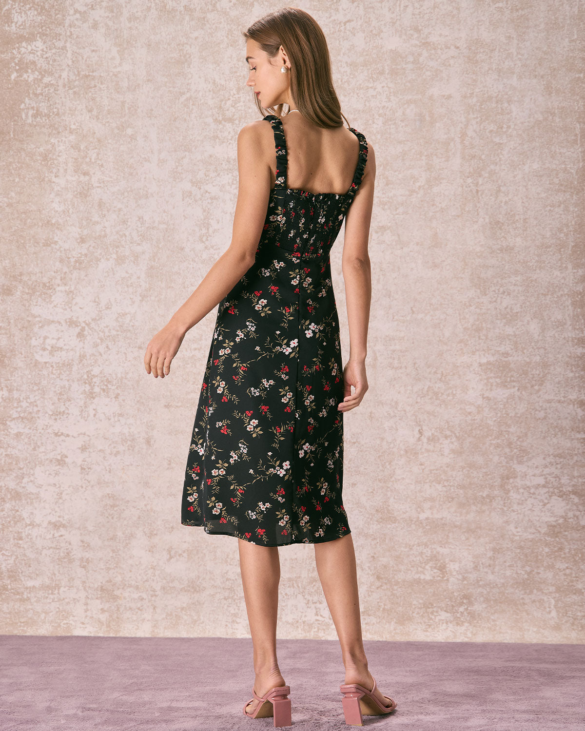 The Black Elasticized Straps Floral Midi Dress