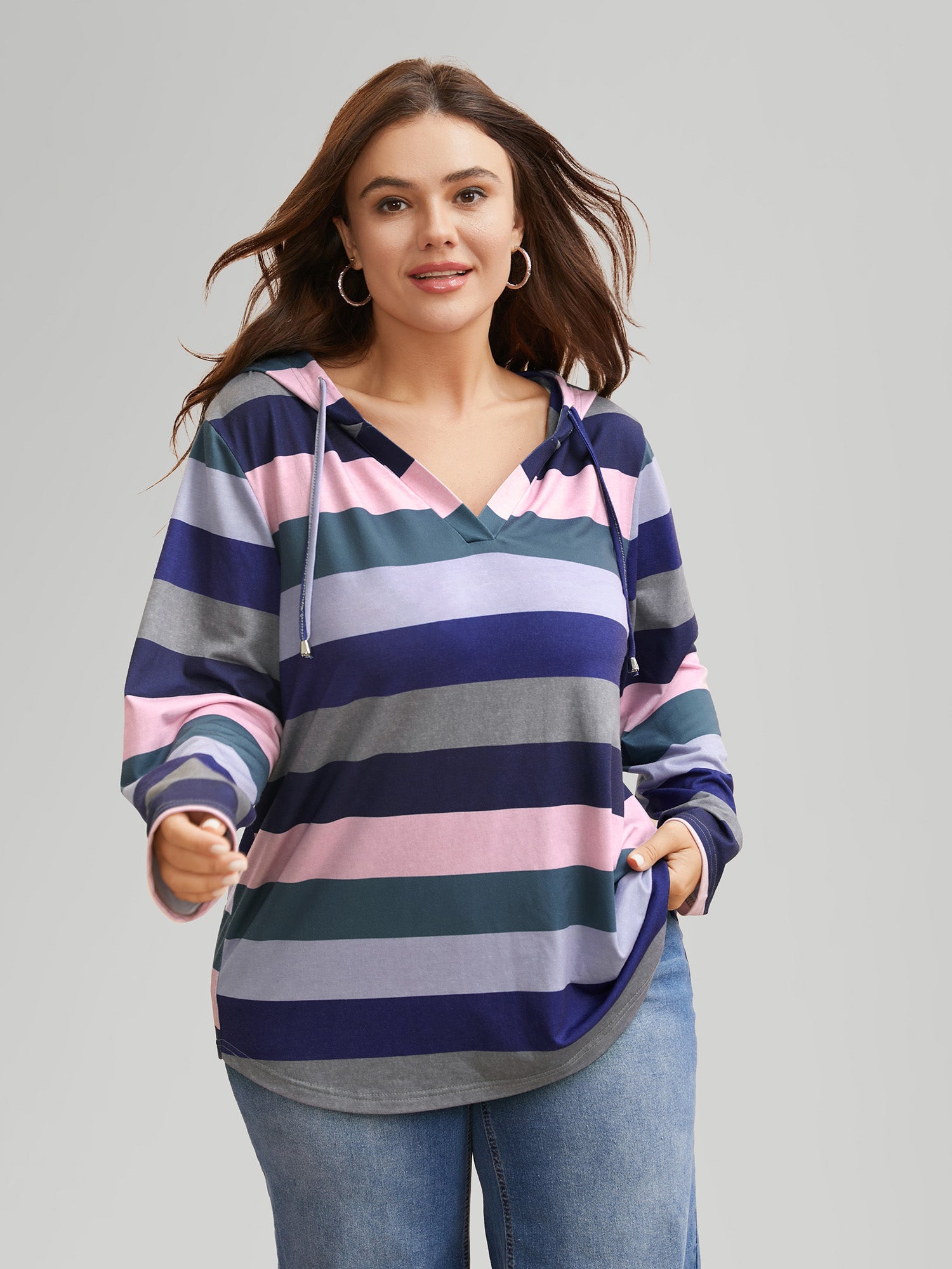 Contrast Striped Hooded Drawstring T-shirt