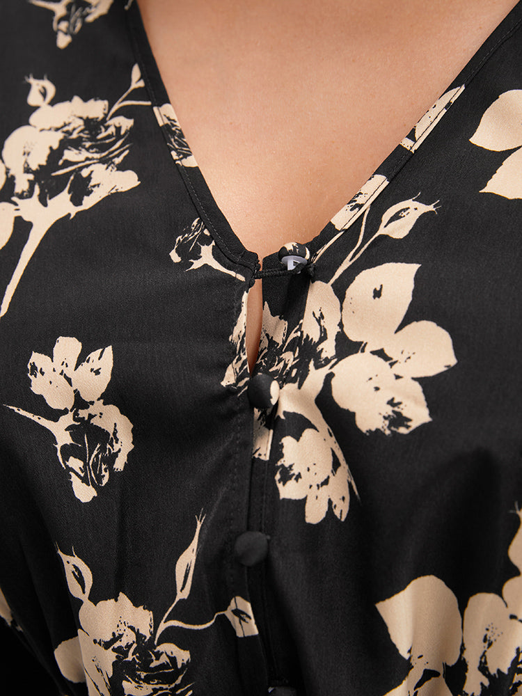 Floral V Neck Button Pocket Shirred Midi Dress