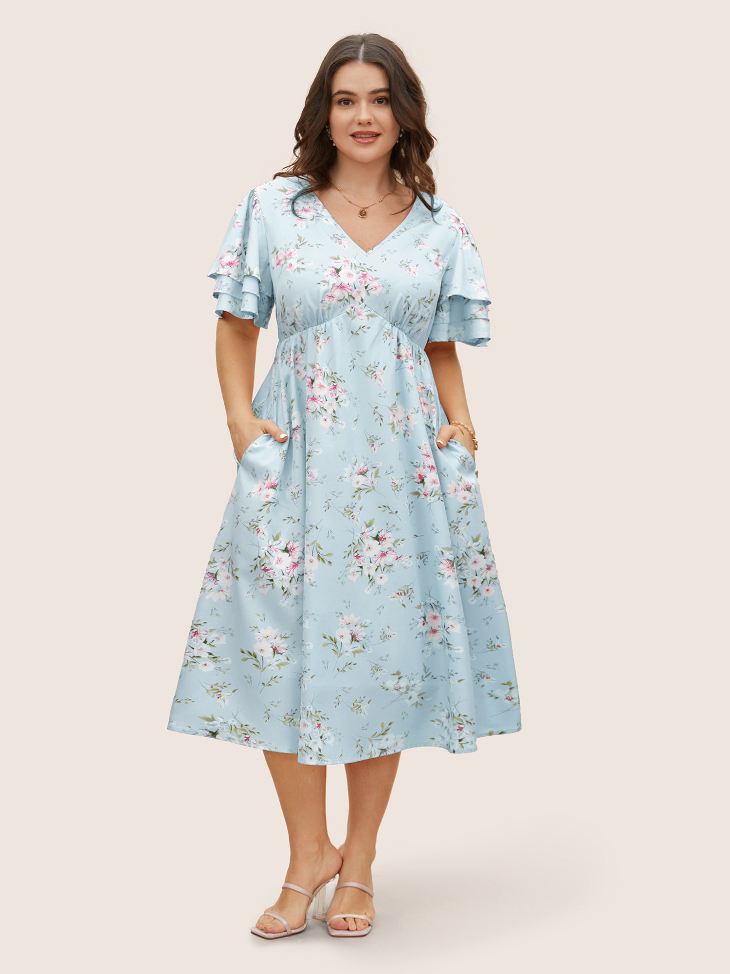 Floral Elastic Waist Tiered Ruffle Sleeve Dress