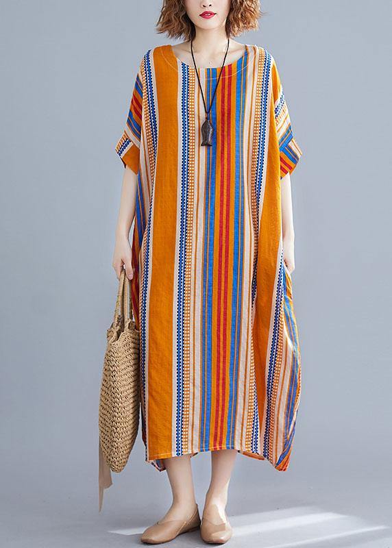 Plus Size Orange O-Neck Striped Summer Cotton Maxi Dresses