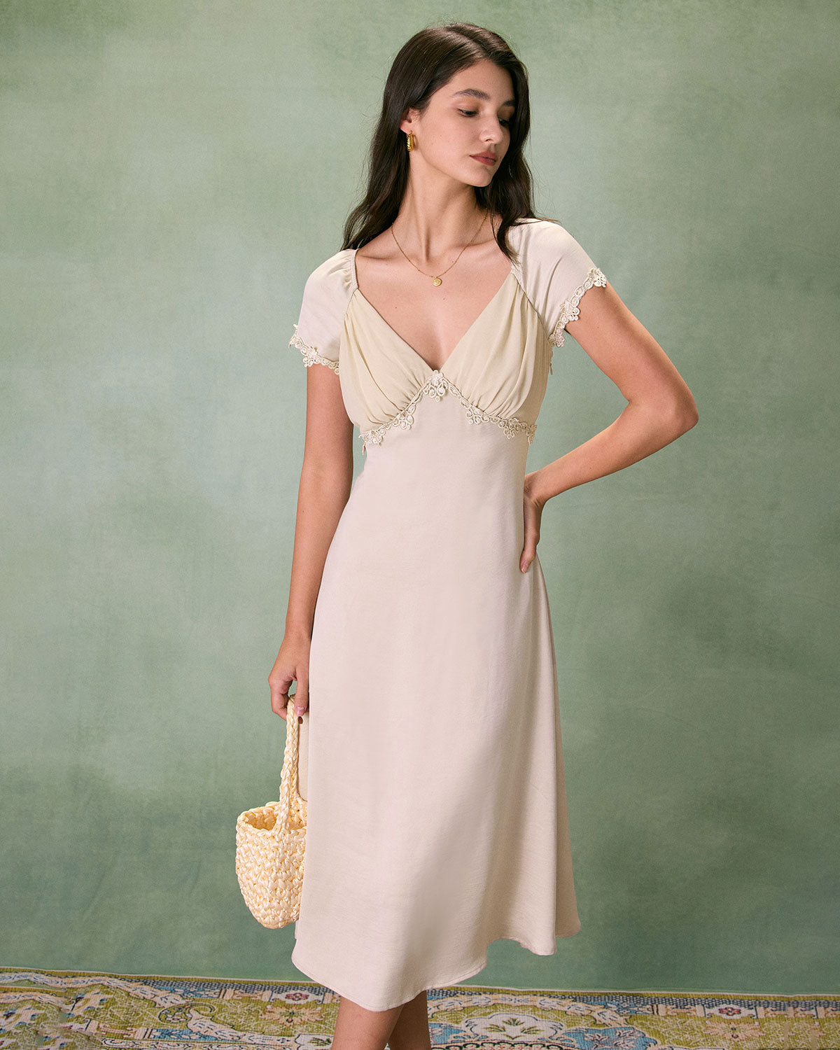 The Apricot V Neck Ruched Satin Midi Dress