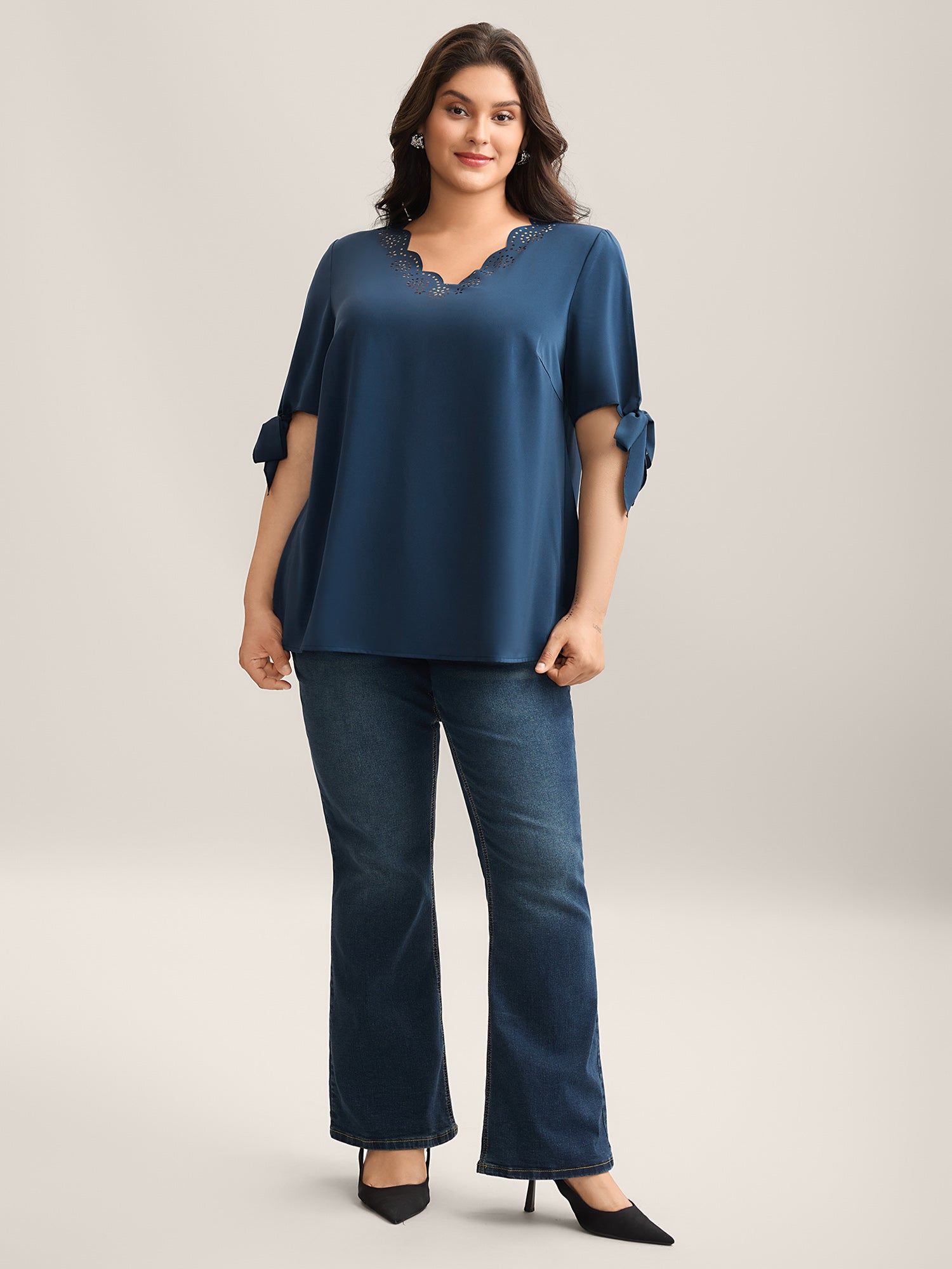 Laser Cut Neckline Knotted Sleeve Blouse