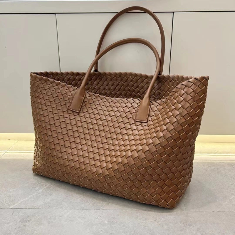 Women's Large Pu Leather Solid Color Streetwear Weave Square Open Tote Bag