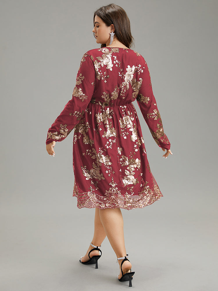 Floral Sequin Elastic Waist Mesh Wrap Dress