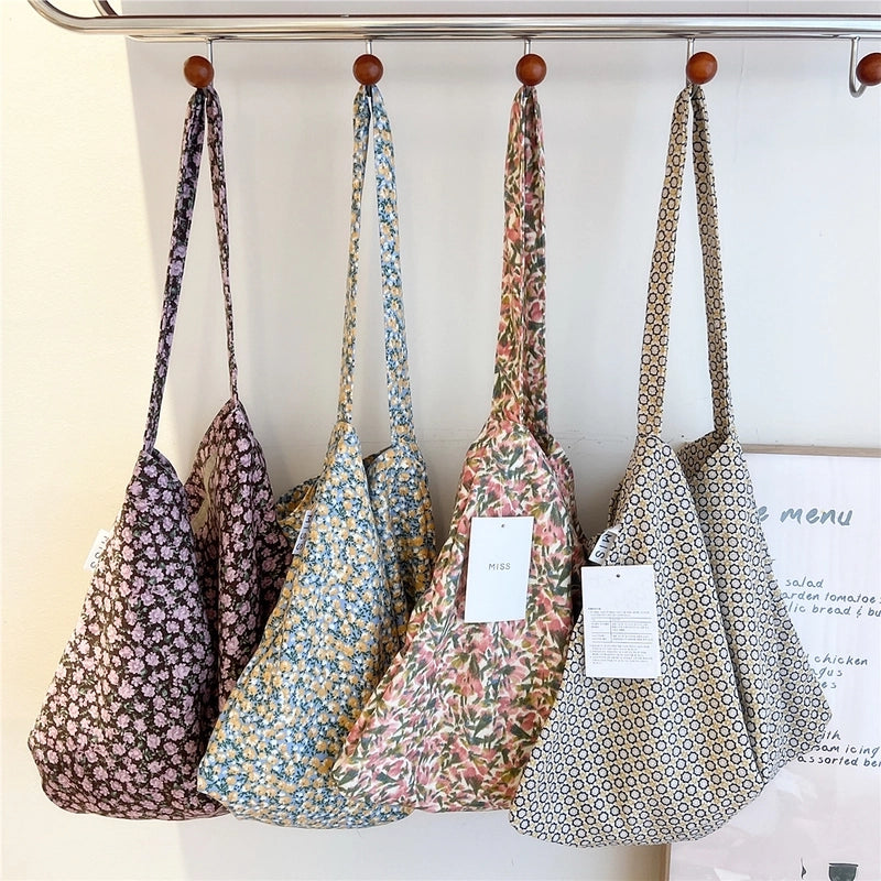 Women's Medium Canvas Flower Basic Classic Style Square Open Canvas Bag