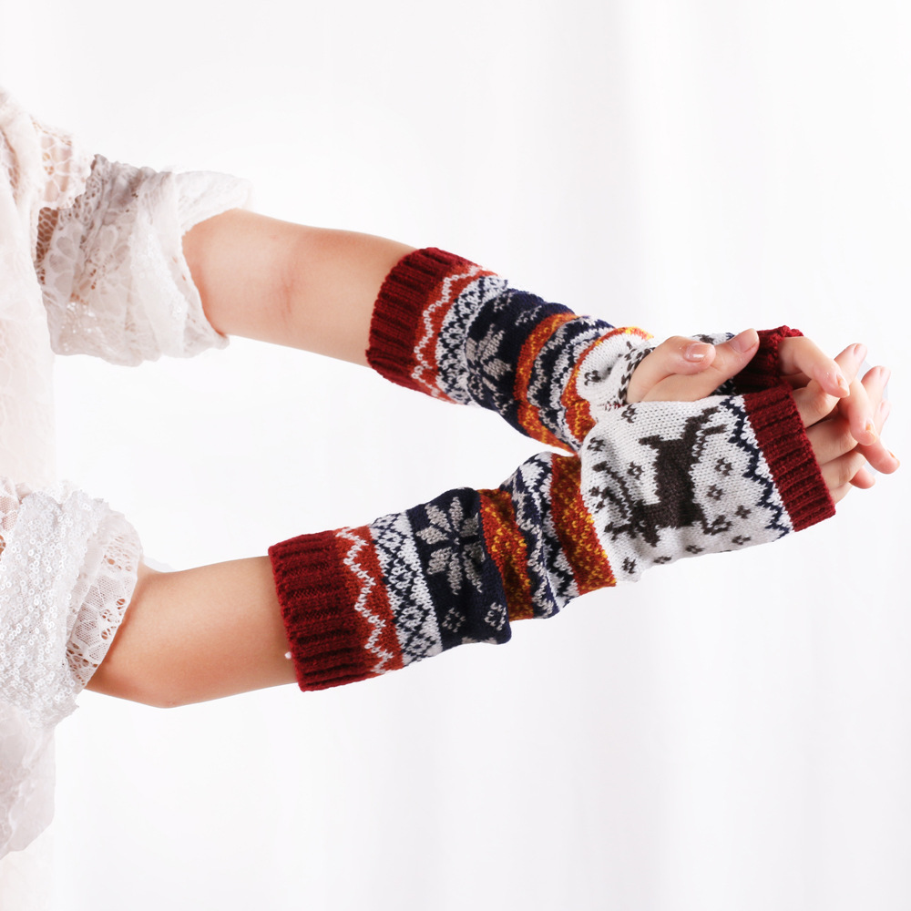 Retro Deer Snowflake Half Finger Long Gloves