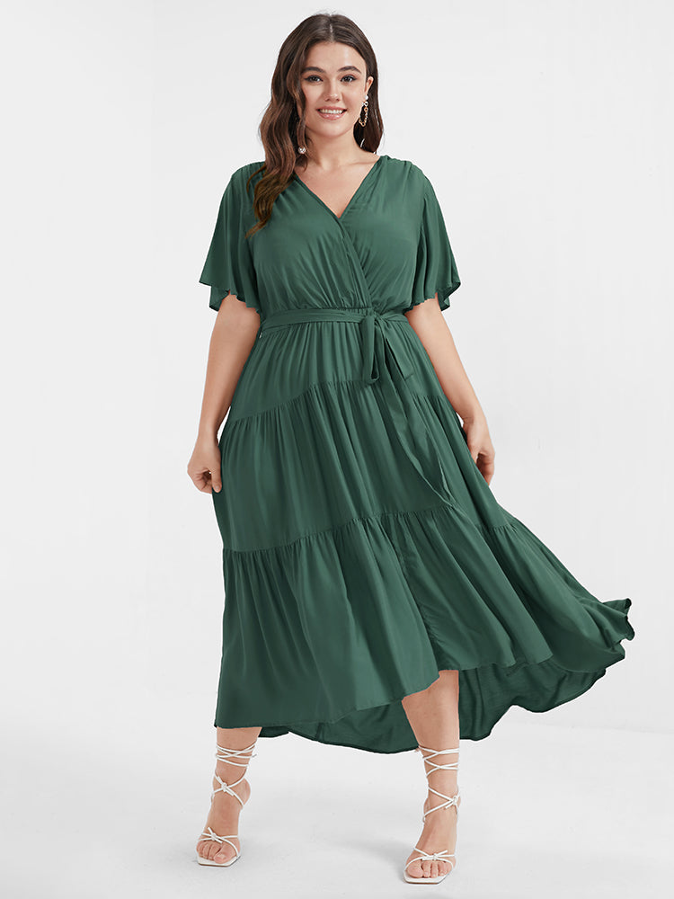 Solid Button Pocket Belted Ruffles Wrap Midi Dress