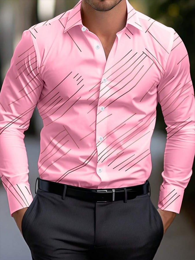 Men'sgeometric Stripe Design Business Casual Shirt