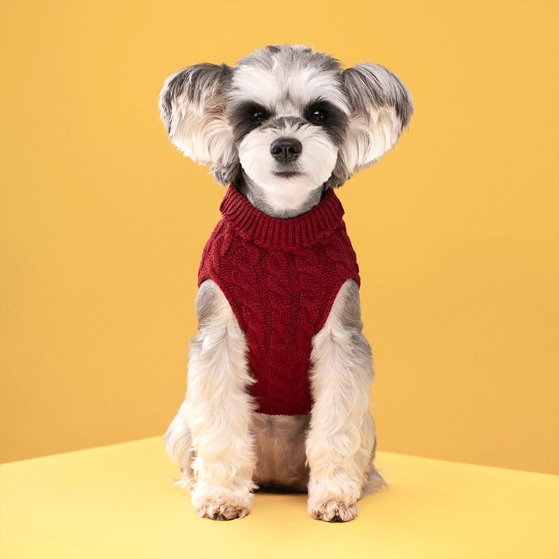 Autumn And Winter Pet Dog Cat Warm Solid Color Classic Twist Sweater Padded High Collar Lapel Wool Clothes