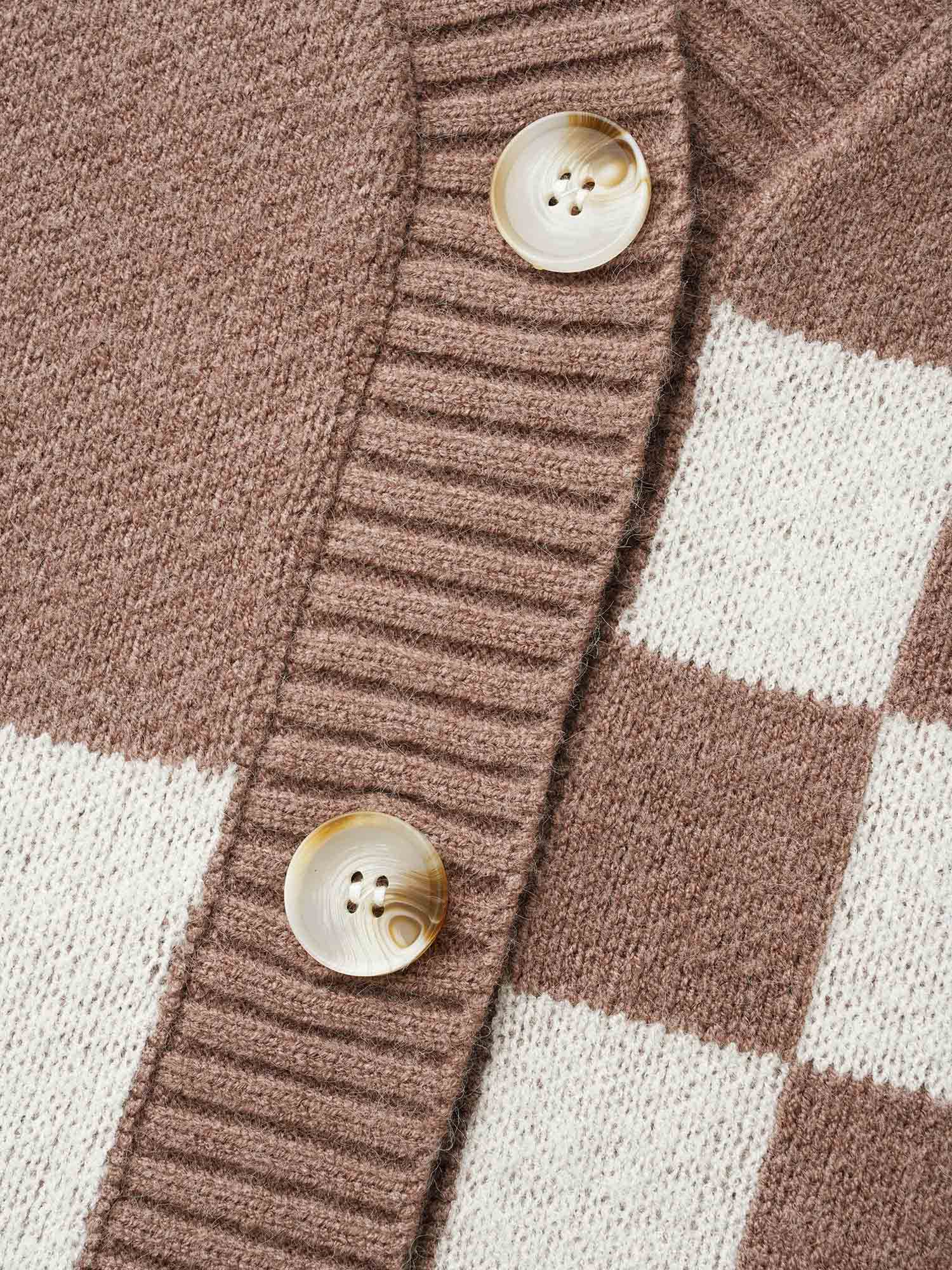 Checkered V-Neck Button Front Knit Cardigan