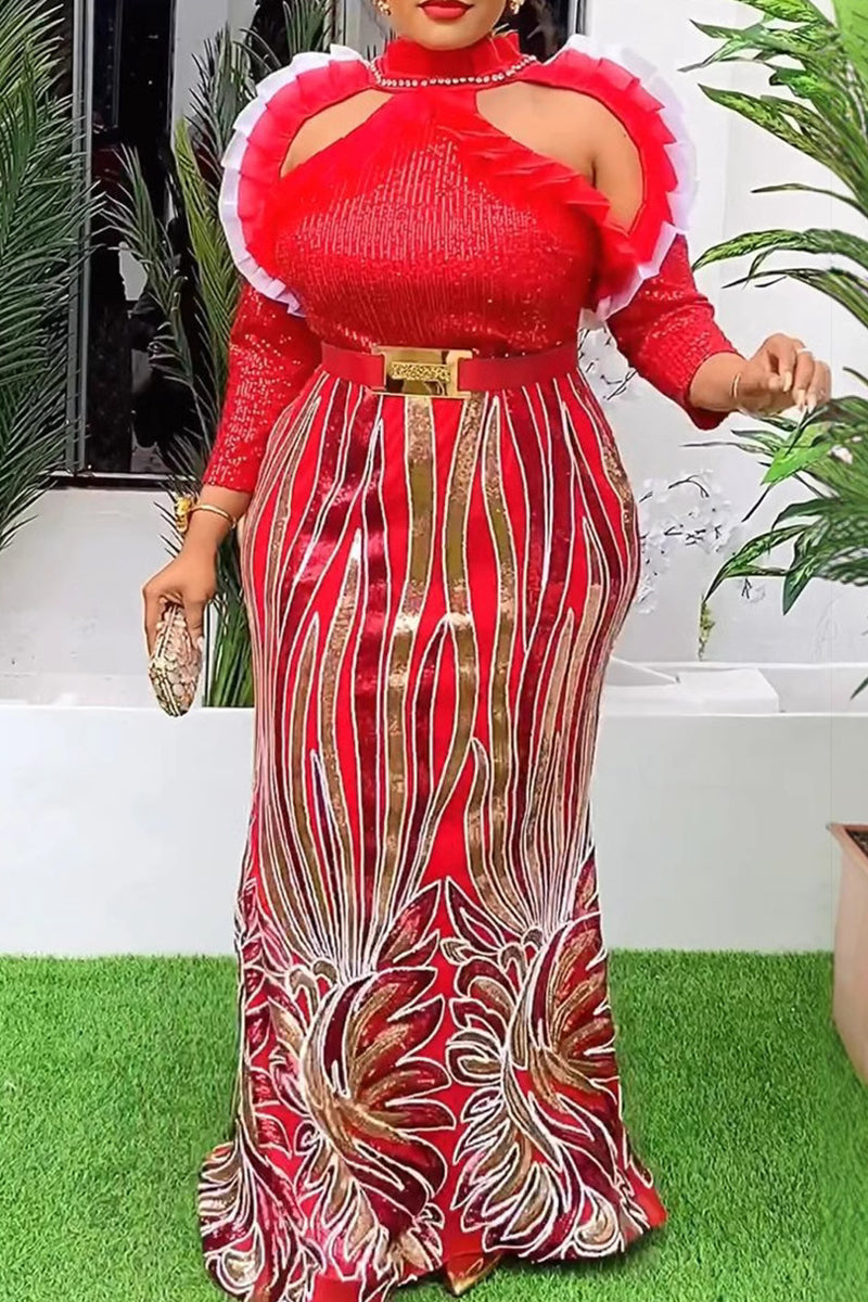 Elegant Hollow Out Patchwork With Belt Turtleneck Evening Plus Size Dresses