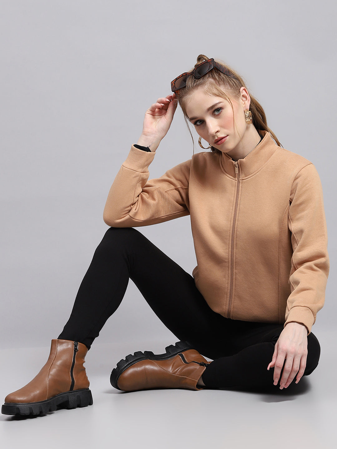 Women Peach Solid Mock Neck Full Sleeve Sweatshirt