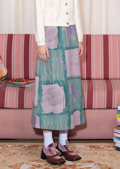 Slim Fit Blue Print High Waist Cotton Skirt Spring