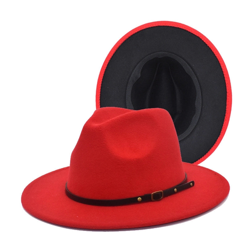 New Women's Woolen Top Hat Fashion Red And Black Color-matching Hat Women's Flat-brimmed Jazz Hat