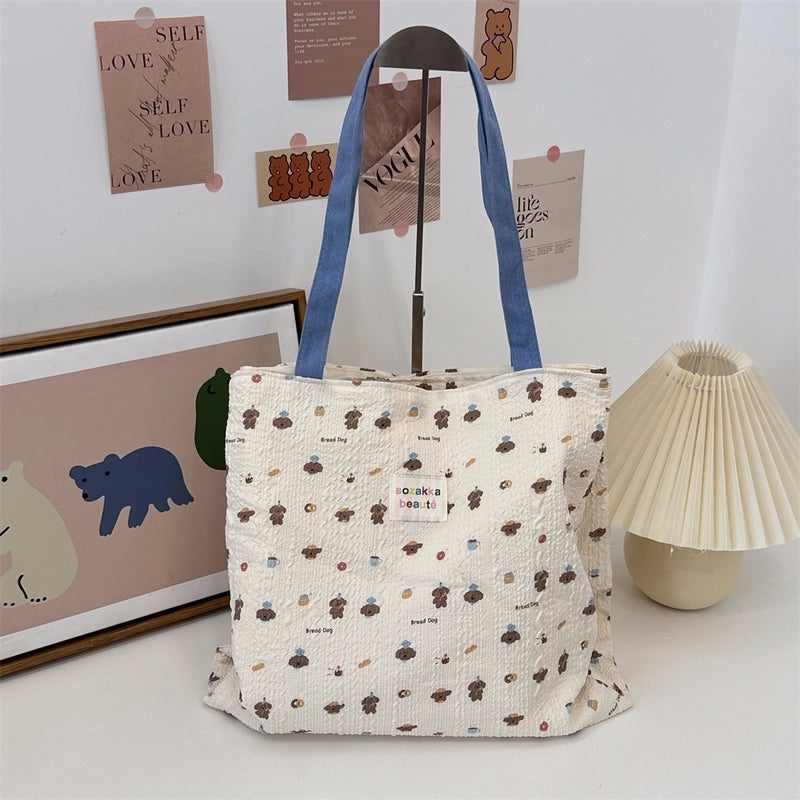 4431 Cute Sweet Printed Puppy Double Layer Canvas Bag Summer New Large Capacity Casual Portable Shoulder Bag