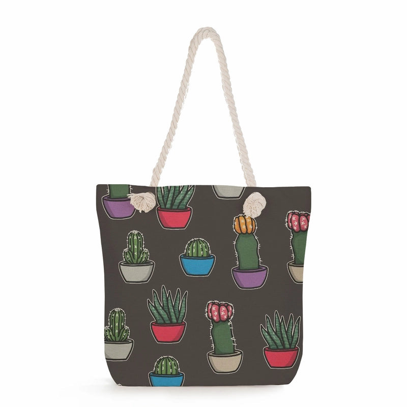 Women's Medium Linen Cactus Vacation Classic Style Square Zipper Tote Bag Beach Bag
