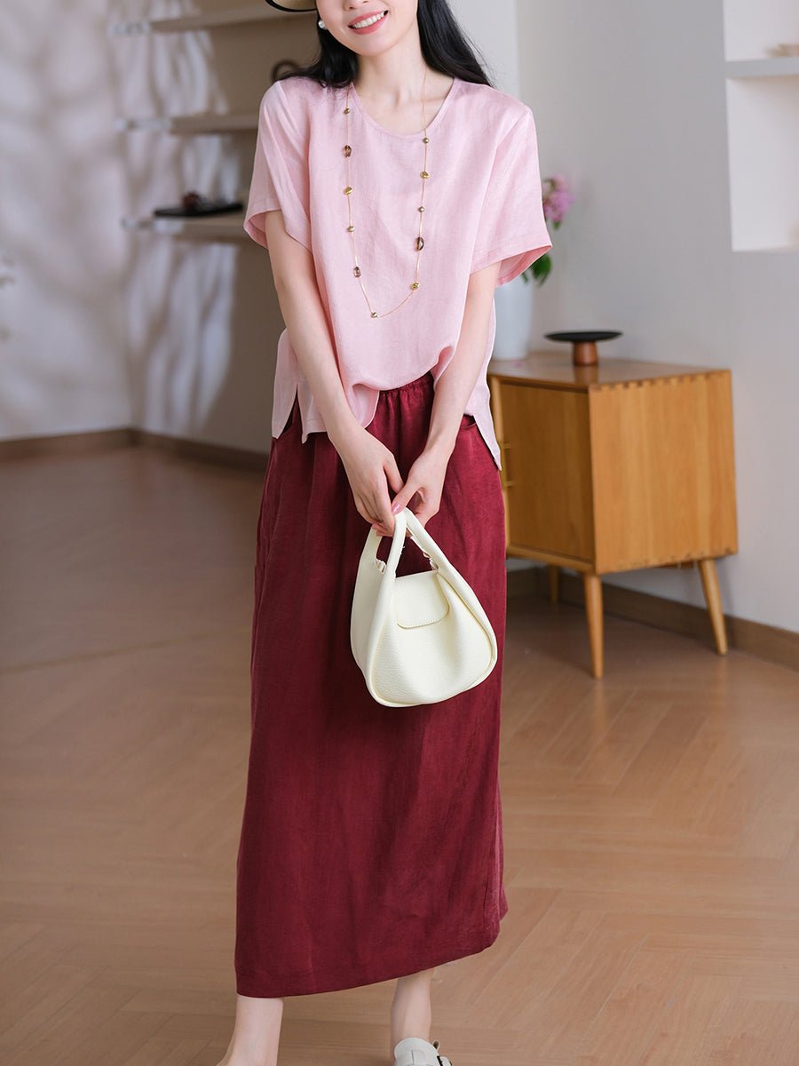 Women Summer Pure Color Linen Straight Skirt