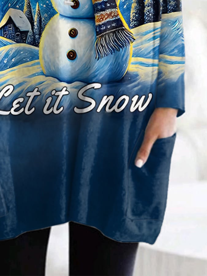 Retro Christmas Starry Night Snowman Let It Snow With Pockets Print Dress