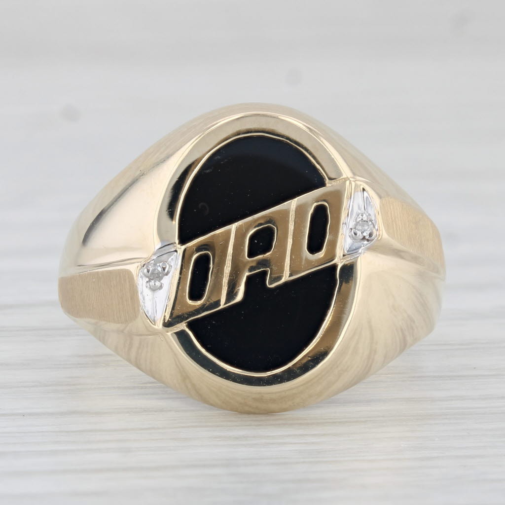 Onyx DAD Ring 10k Yellow Gold Size 10 Men's Signet Gift Diamond Accents