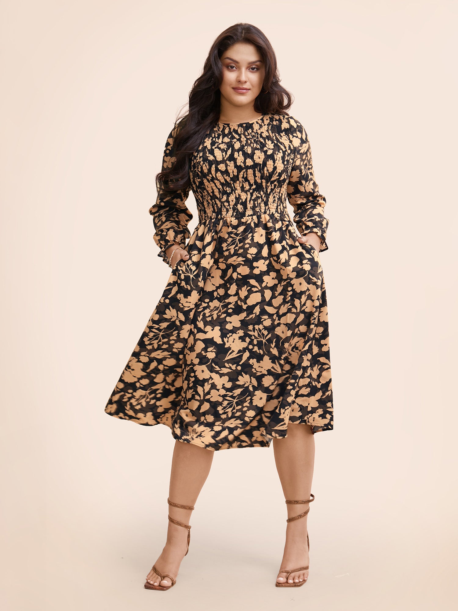 Silhouette Floral Print Shirred Frill Trim Dress