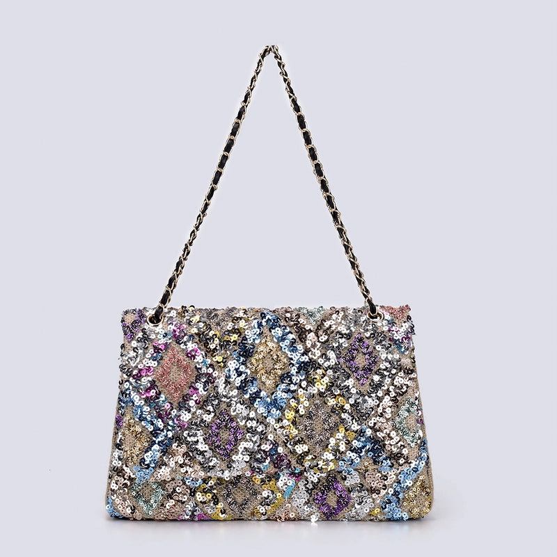 10 Pieces Women's Large Hemp Material Flower Elegant Sequins Square Flip Cover Crossbody Bag