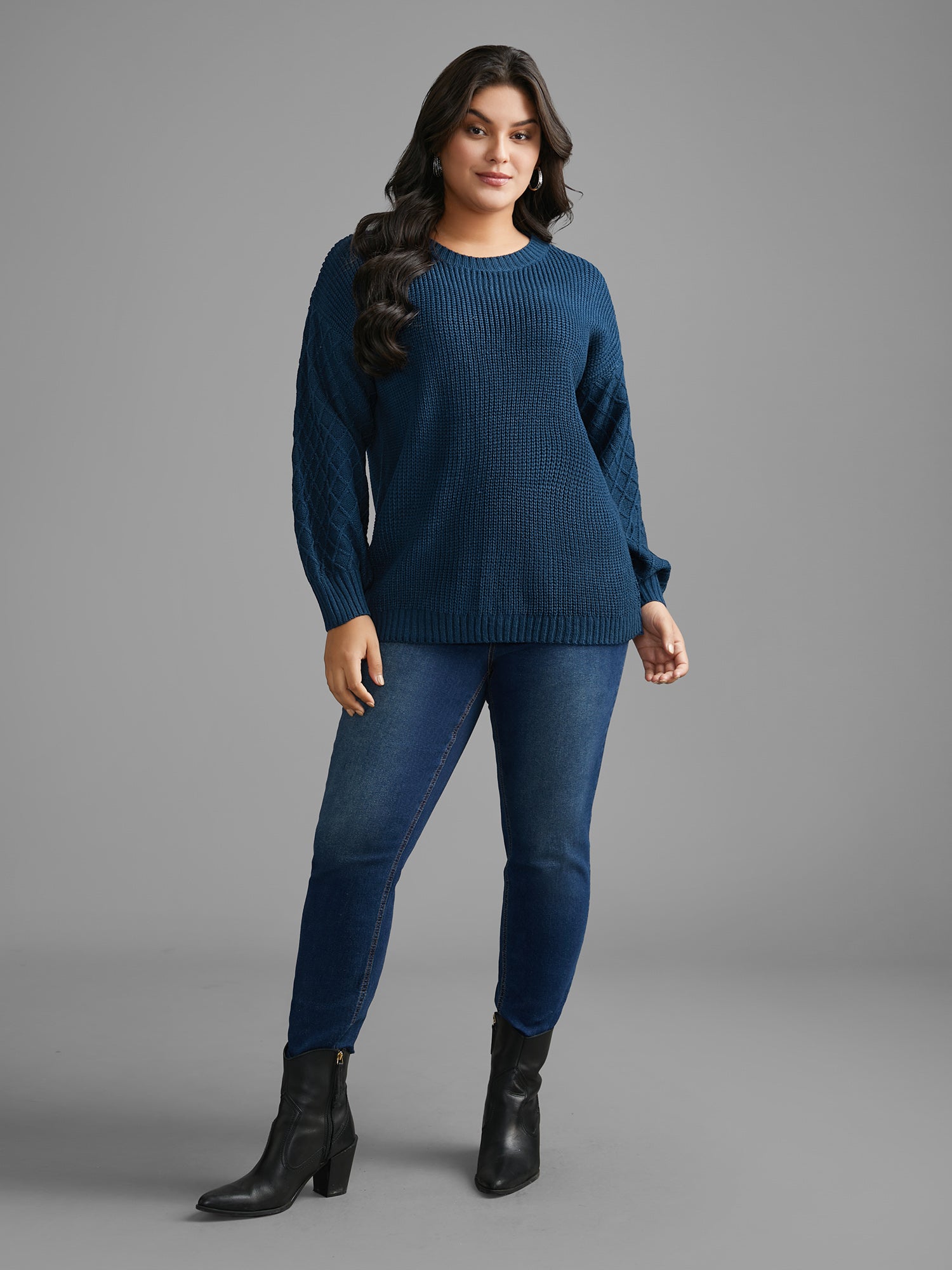 Cable Knit Texture Lantern Sleeve Pullover