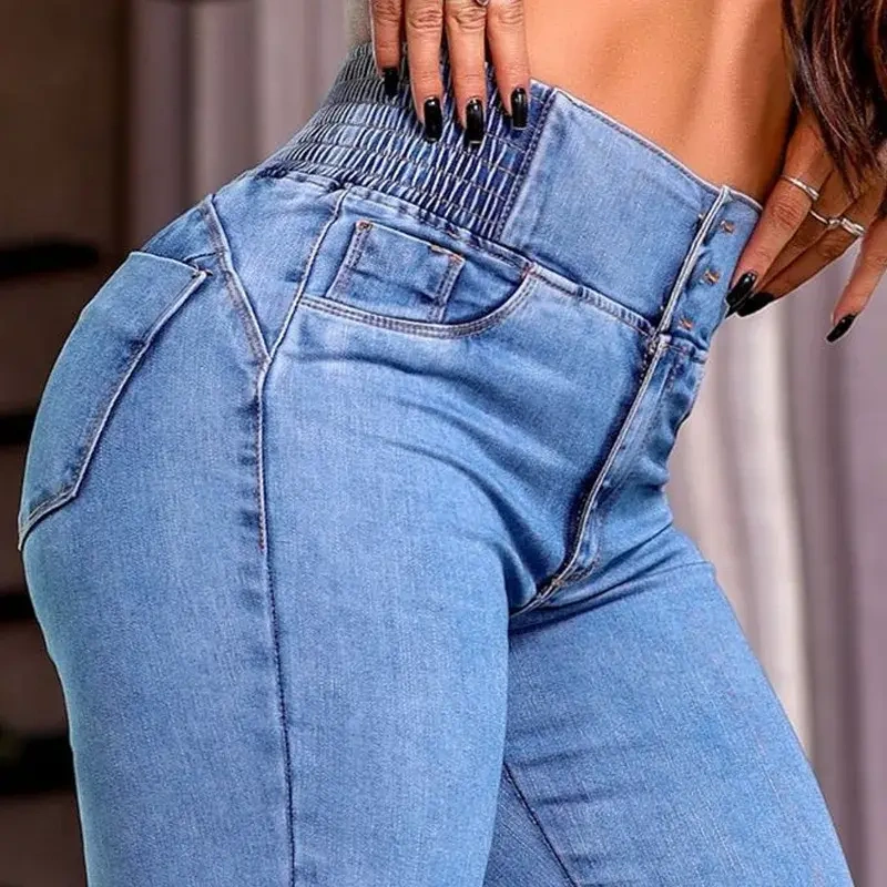 🔥Hot Sale🔥Women's Back Shirred Button Front Jeans High Waist Pants with Pockets