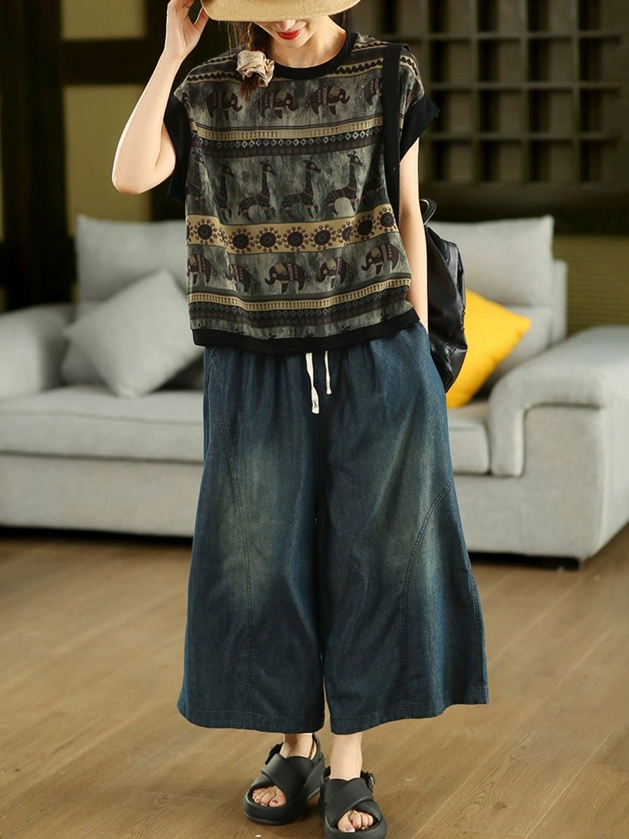 Women Summer Vintage Elephant Giraffe O-Neck Shirt