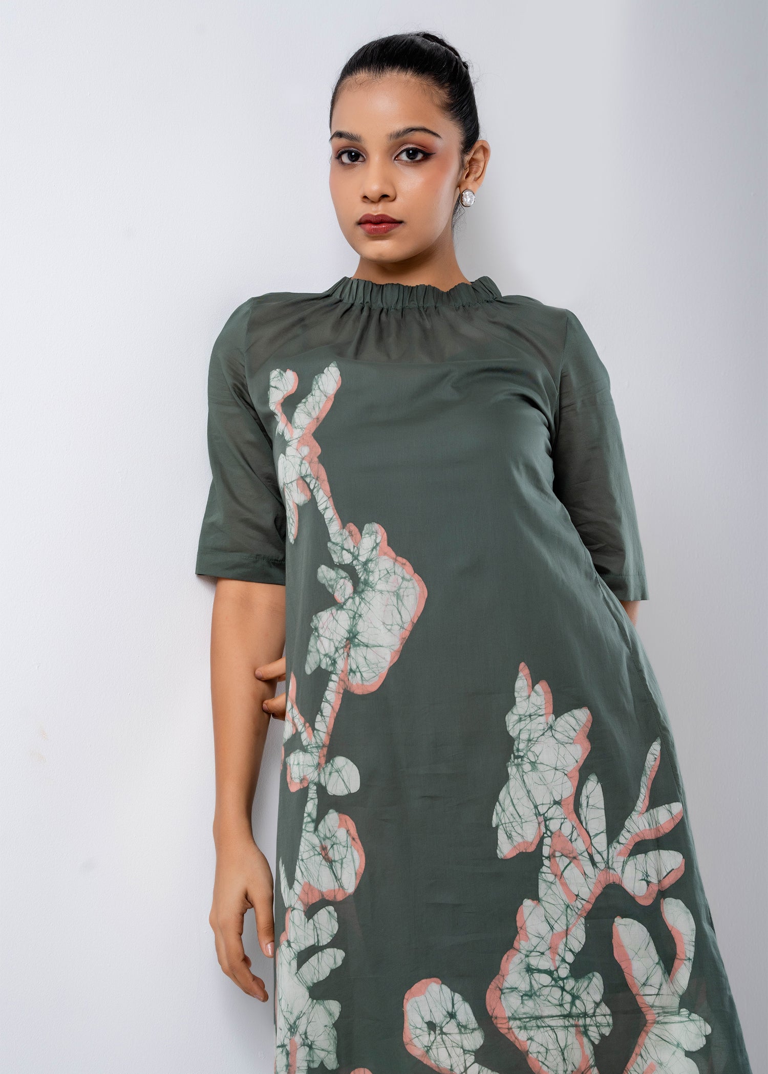 Batik Floral Elasticated High Neck Dress