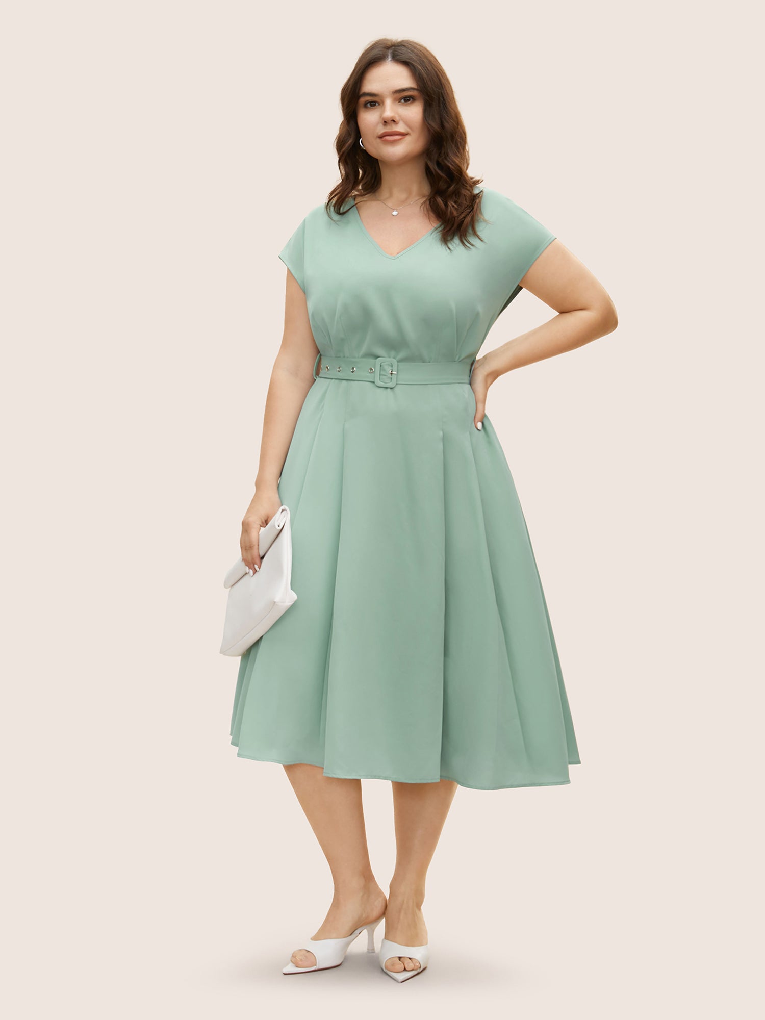 Plain Pleated Belted Cap Sleeve Dress