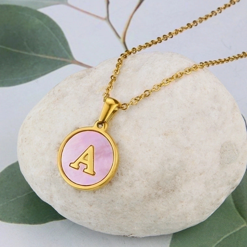 Minimalist Letter Titanium Steel Plating Inlay Shell Pendant Necklace