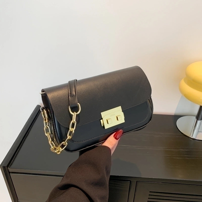 Women's Pu Leather Solid Color Vintage Style Lock Clasp Shoulder Bag Crossbody Bag