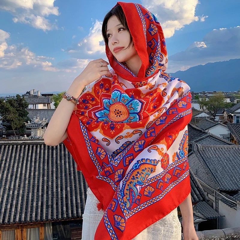 Silk Scarf Women's Summer Seaside Beach Sunscreen Shawl Scarf Dual-use  Long Ethnic Style Plus Size Travel Silk Scarf