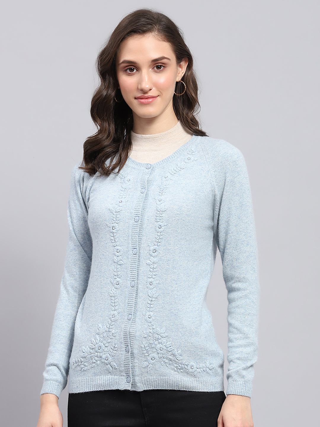 Women Sky Blue Solid Round Neck Full Sleeve Cardigan