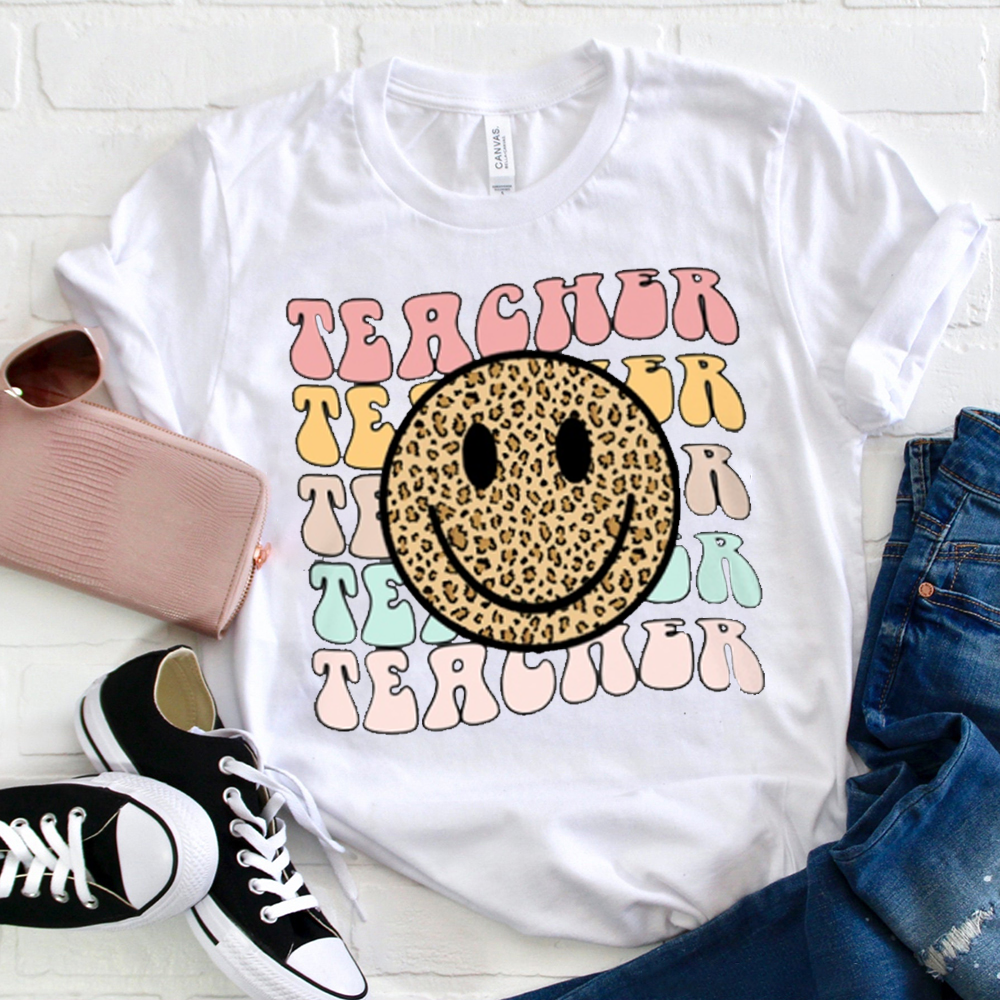 Leopard Print Smile Teacher Letters T-Shirt