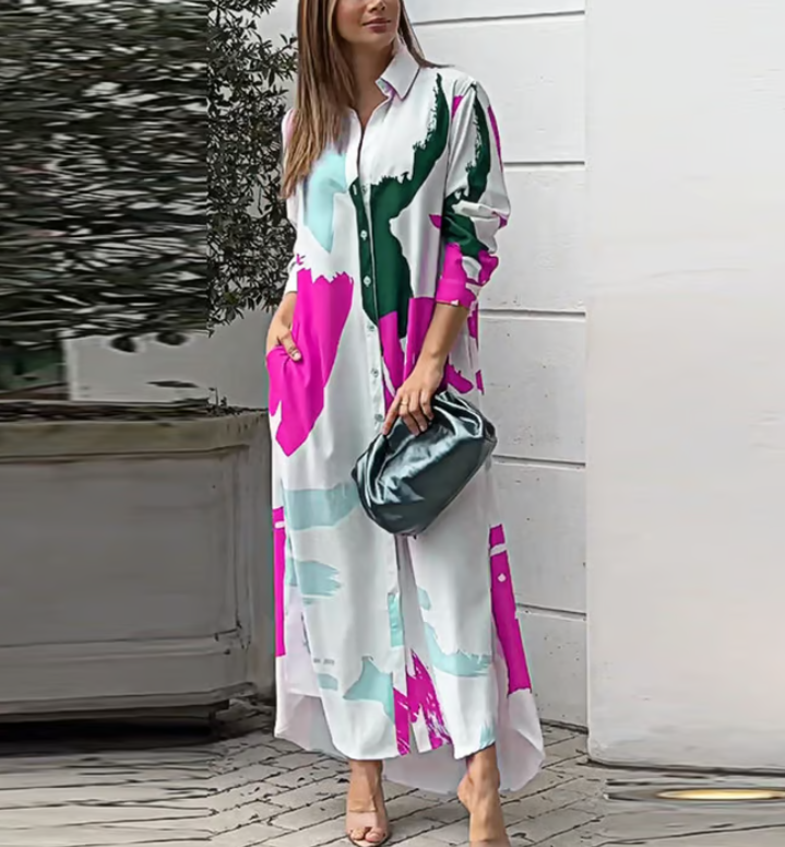 Printed Loose Fit Split Hem Shirt Dress