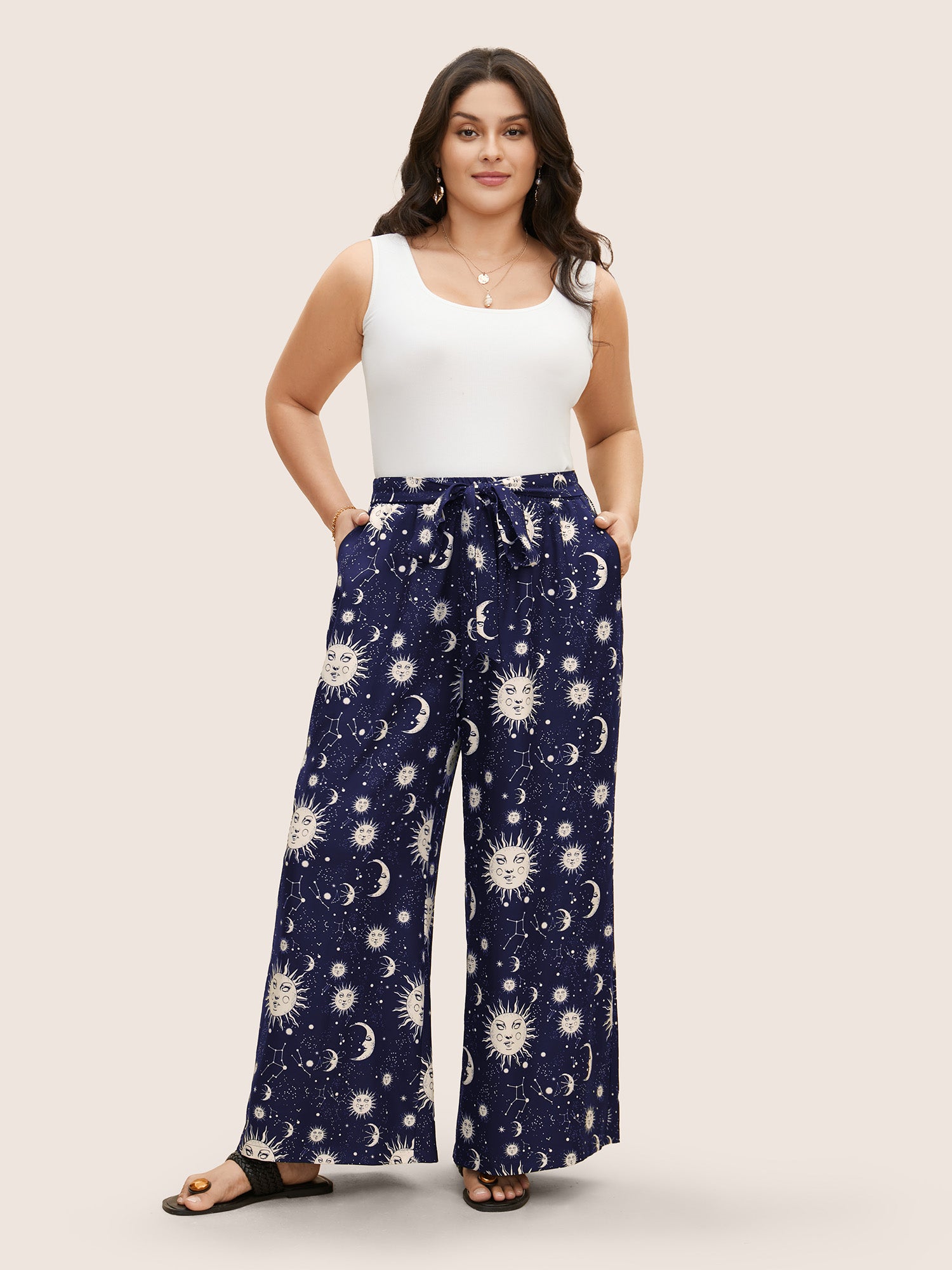 Silhouette Floral Print Ties Side Seam Pocket Pants