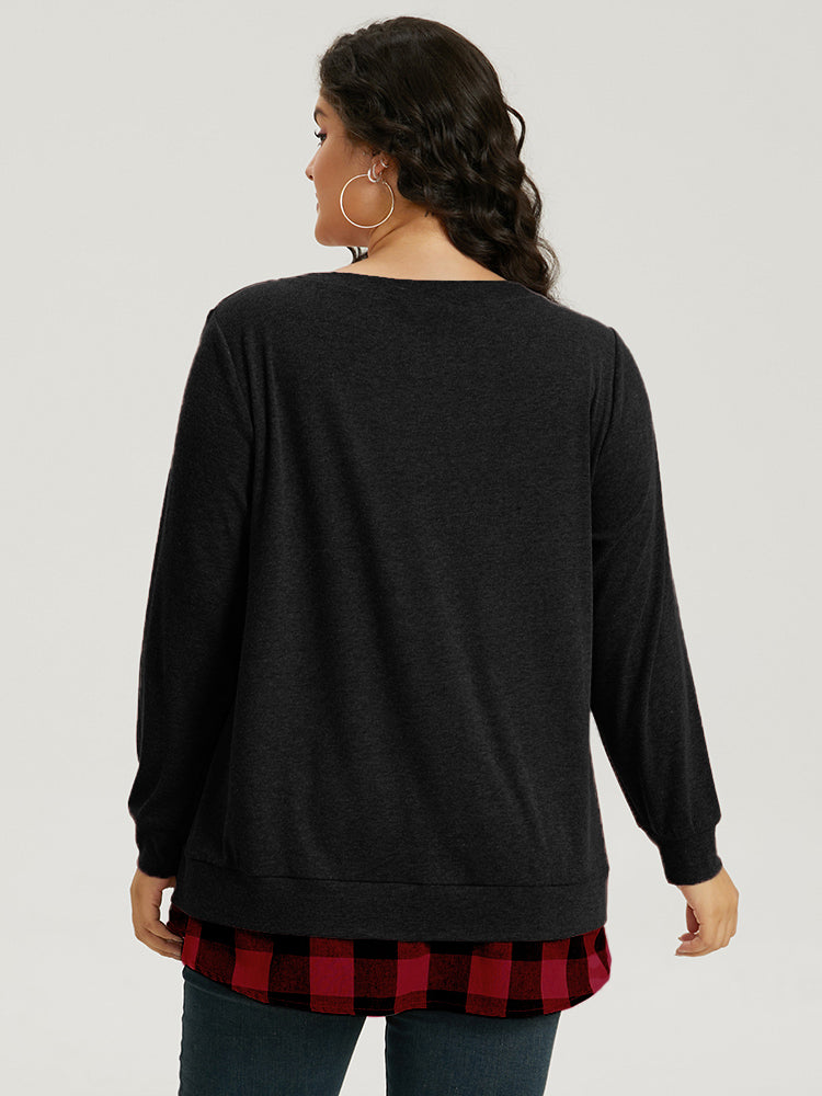 Heather Plaid Patchwork Crew Neck T-shirt