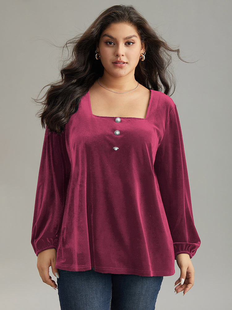 Velvet Metal Button Detail Blouse