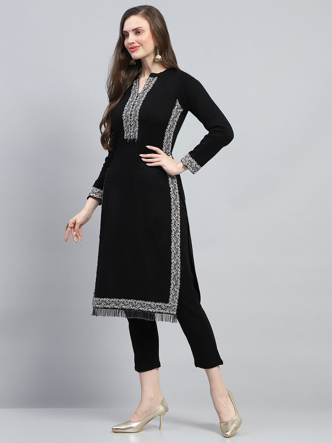 Women Black Embroidered Round Neck Full Sleeve Kurti Set for Winter