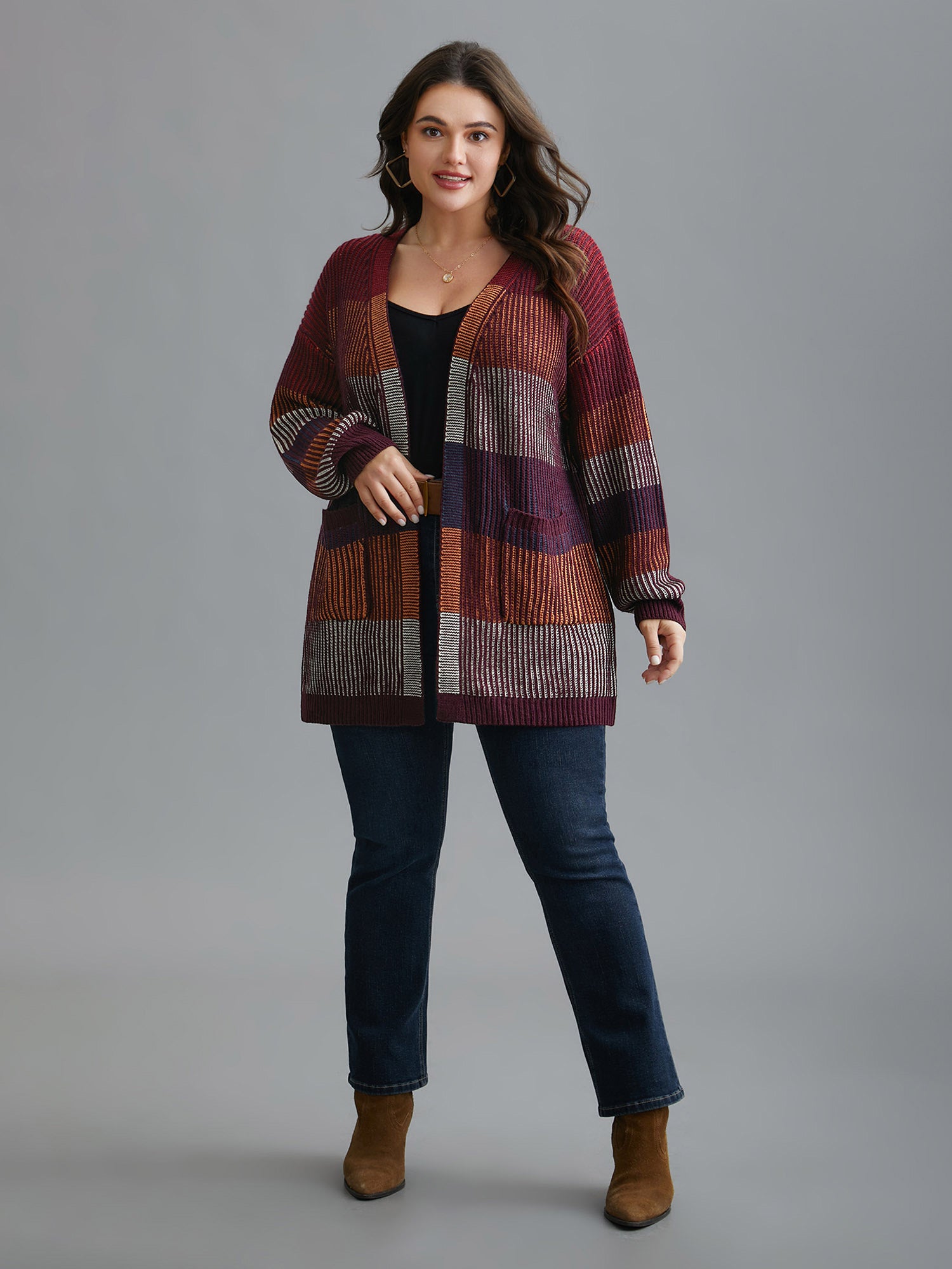 Front-Open Color Block Knit Cardigan