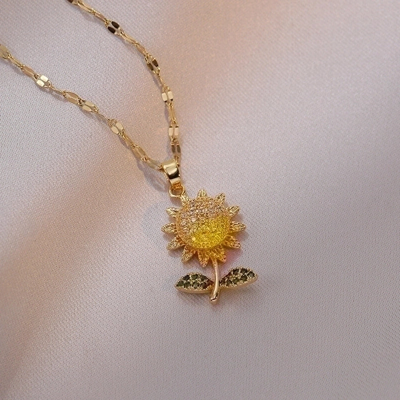 3 Pieces Lady Heart Shape Flower Titanium Steel Plating Inlay Zircon Gold Plated Pendant Necklace