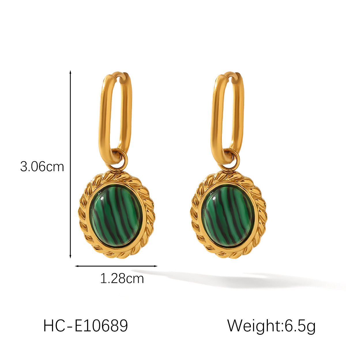 Retro Style Twisted Oval Stainless Steel Inlaid Malachite Pendant Earrings For Women