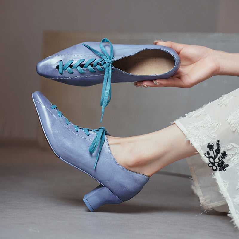 Elegant 60mm Kitten Heel Pointed Toe Handmade Leather Lace-Up Pumps in Yellow/Blue/Black